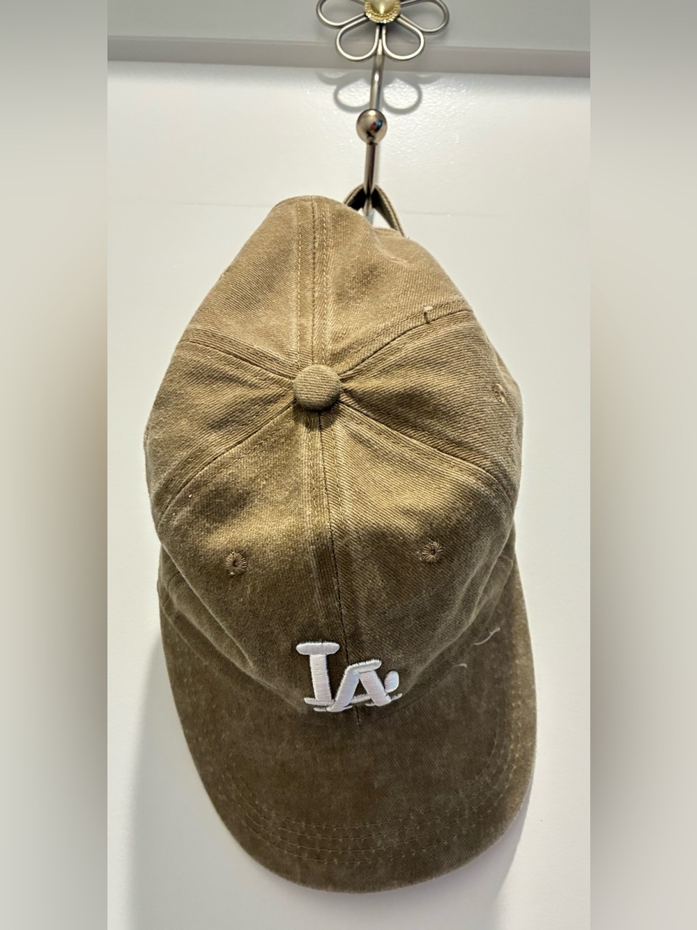 Washed Khaki Baseball Cap with White 'LA' Embroidery